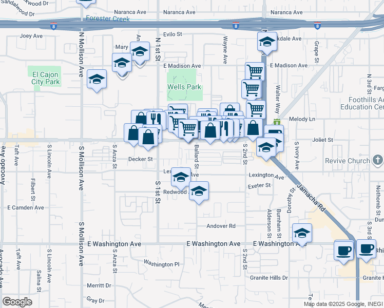 map of restaurants, bars, coffee shops, grocery stores, and more near 1185 East Main Street in El Cajon