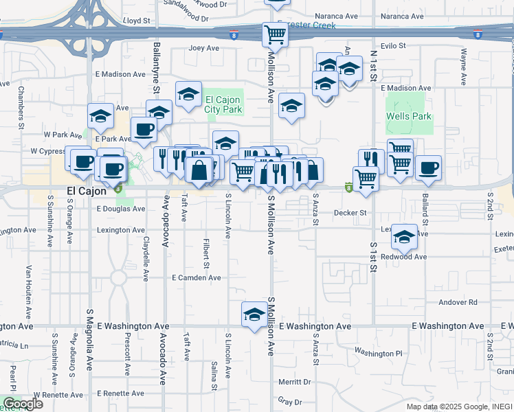 map of restaurants, bars, coffee shops, grocery stores, and more near 835 East Main Street in El Cajon