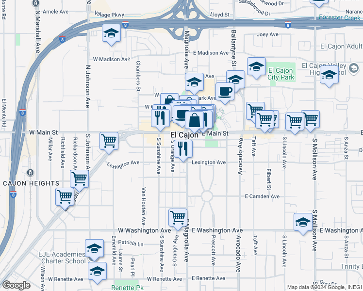 map of restaurants, bars, coffee shops, grocery stores, and more near in El Cajon