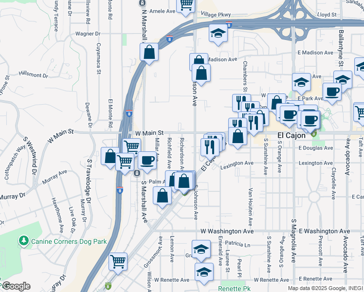 map of restaurants, bars, coffee shops, grocery stores, and more near 132 South Johnson Avenue in El Cajon