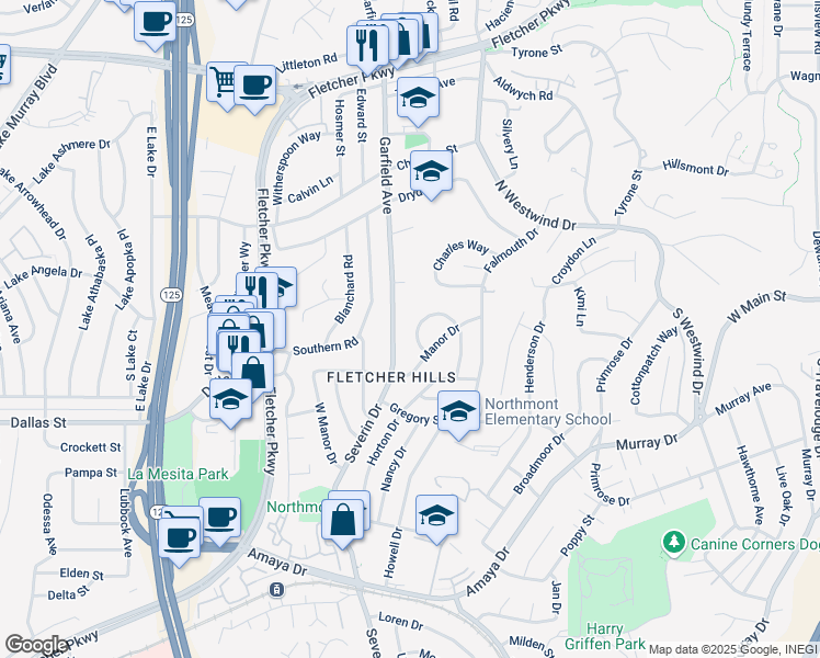 map of restaurants, bars, coffee shops, grocery stores, and more near 6361 Severin Drive in La Mesa