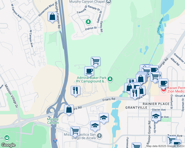 map of restaurants, bars, coffee shops, grocery stores, and more near 6555 Ambrosia Drive in San Diego