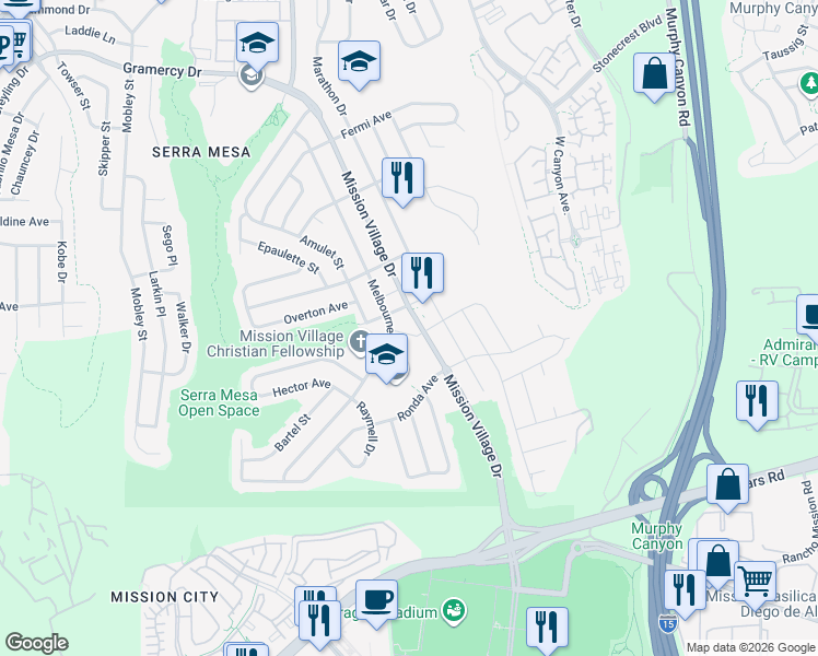 map of restaurants, bars, coffee shops, grocery stores, and more near 2696 Mission Village Drive in San Diego