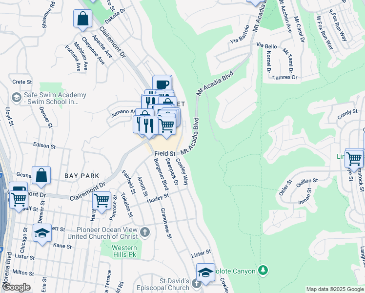 map of restaurants, bars, coffee shops, grocery stores, and more near 2909 Cowley Way in San Diego