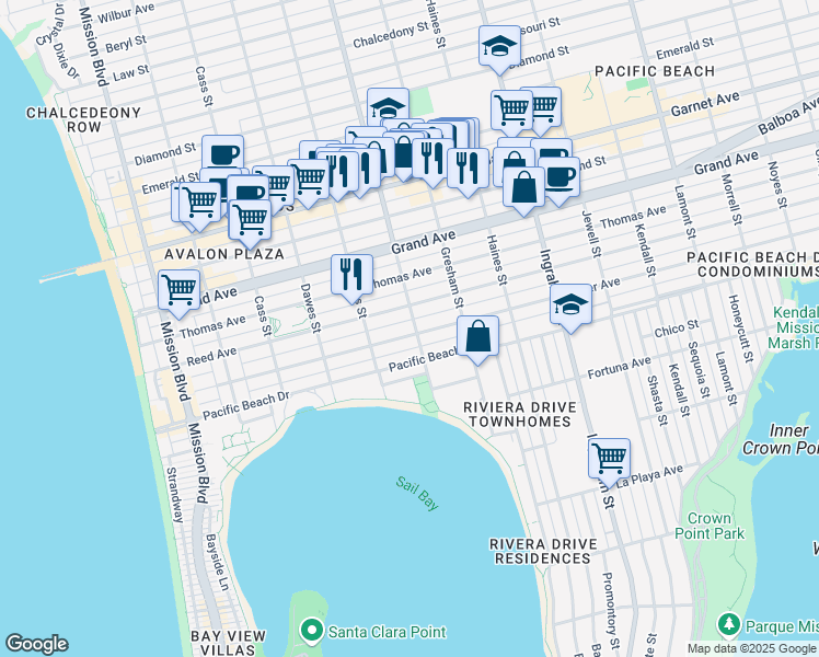 map of restaurants, bars, coffee shops, grocery stores, and more near 1319 Reed Avenue in San Diego