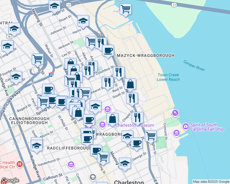map of restaurants, bars, coffee shops, grocery stores, and more near 50A Drake Street in Charleston