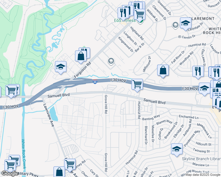 map of restaurants, bars, coffee shops, grocery stores, and more near 7306 Rena Road in Dallas