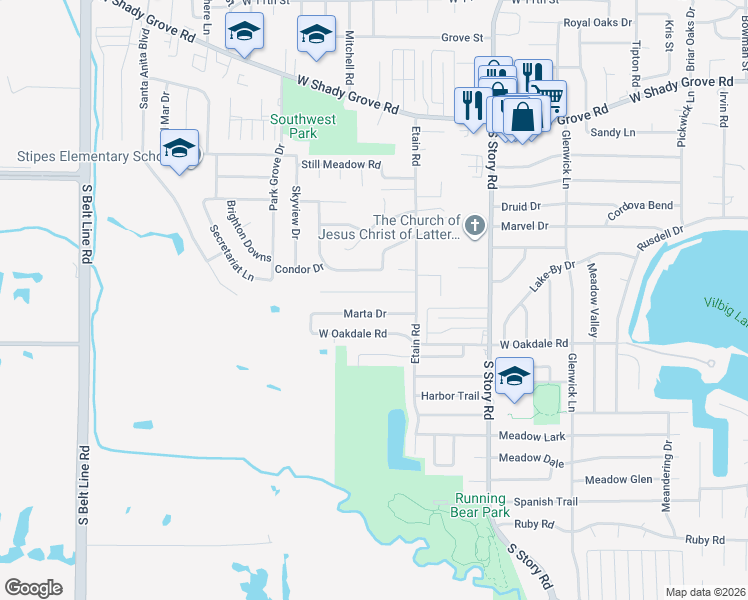 map of restaurants, bars, coffee shops, grocery stores, and more near 2711 West Eighteenth Street in Irving
