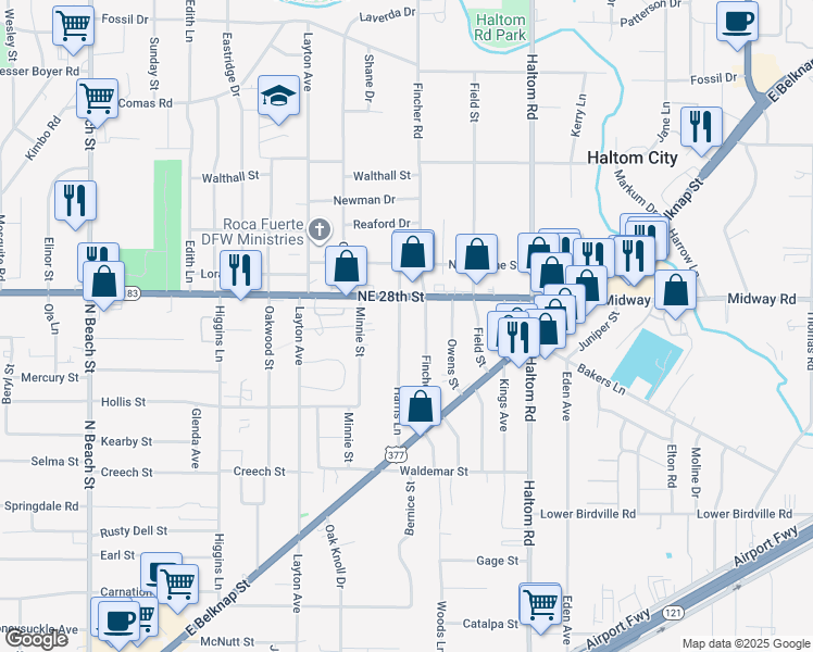 map of restaurants, bars, coffee shops, grocery stores, and more near 4810 Northeast 28th Street in Haltom City