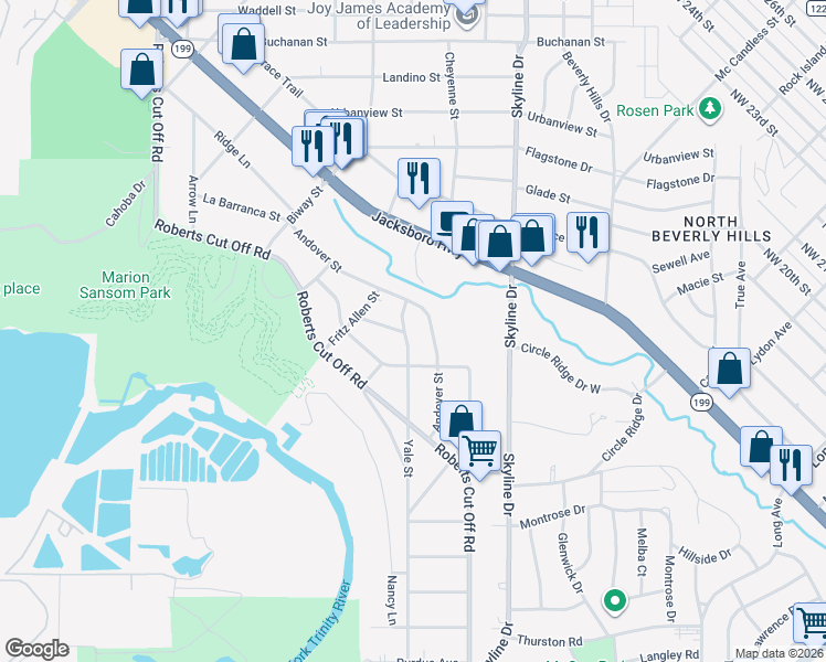 map of restaurants, bars, coffee shops, grocery stores, and more near 2258 Yale Street in Fort Worth