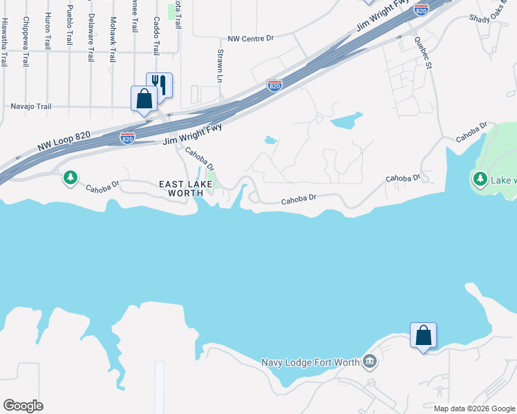 map of restaurants, bars, coffee shops, grocery stores, and more near 6800 Cahoba Drive in Fort Worth