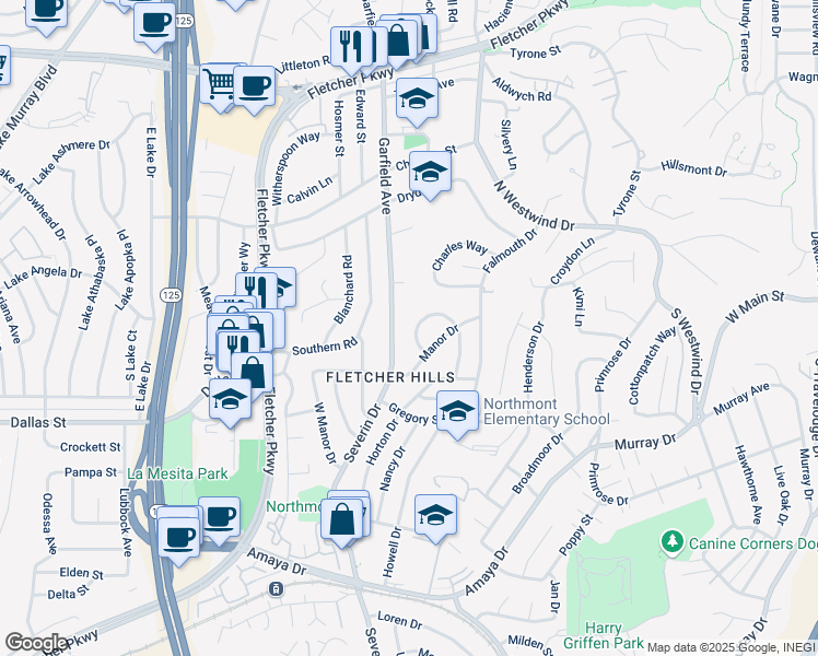 map of restaurants, bars, coffee shops, grocery stores, and more near 6361 Severin Drive in La Mesa