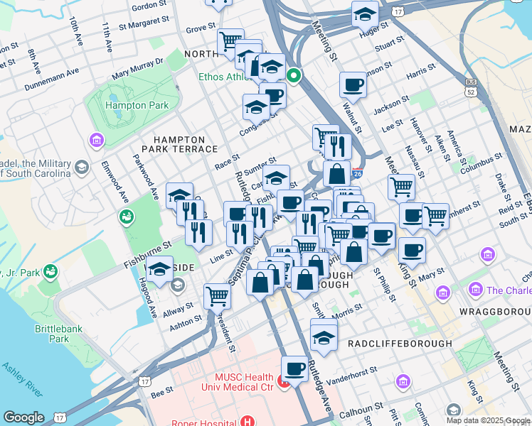 map of restaurants, bars, coffee shops, grocery stores, and more near 145 Fishburne Street in Charleston