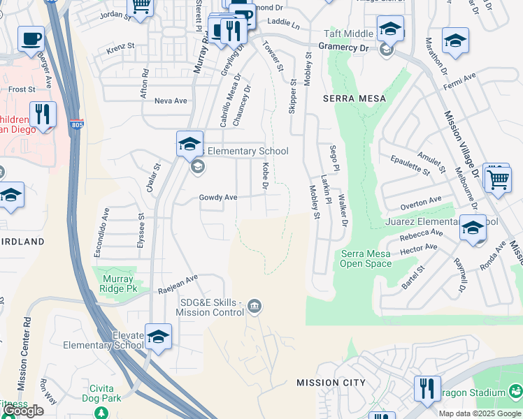 map of restaurants, bars, coffee shops, grocery stores, and more near 2666 Kobe Drive in San Diego