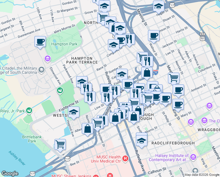 map of restaurants, bars, coffee shops, grocery stores, and more near 4 Larnes Street in Charleston