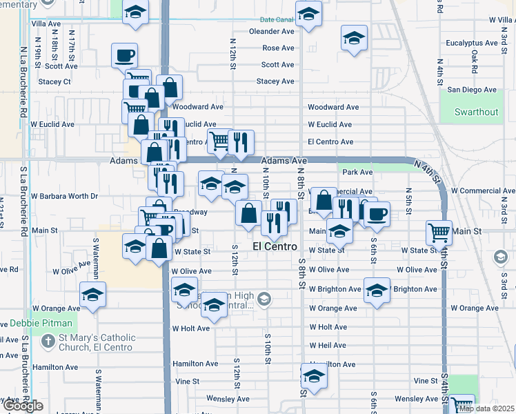 map of restaurants, bars, coffee shops, grocery stores, and more near 1021 W Commercial Ave in El Centro