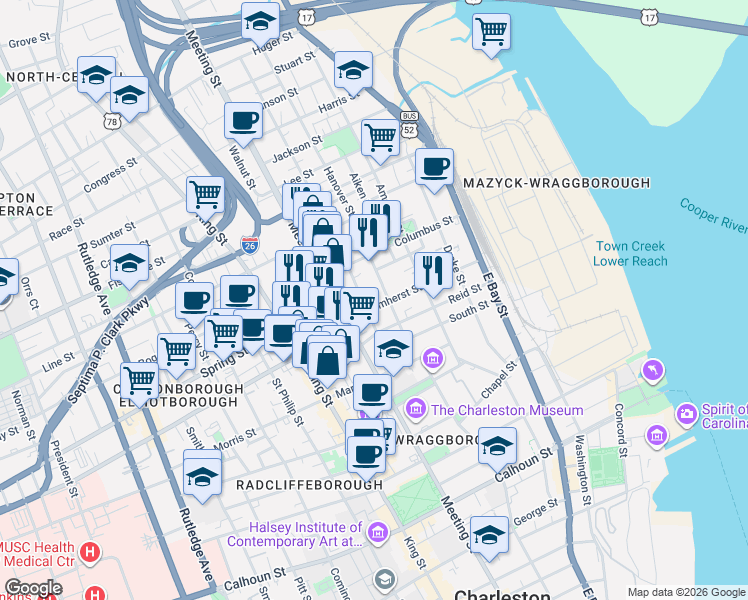 map of restaurants, bars, coffee shops, grocery stores, and more near 52 Nassau Street in Charleston