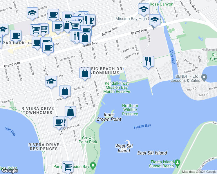 map of restaurants, bars, coffee shops, grocery stores, and more near 3991 Crown Point Drive in San Diego