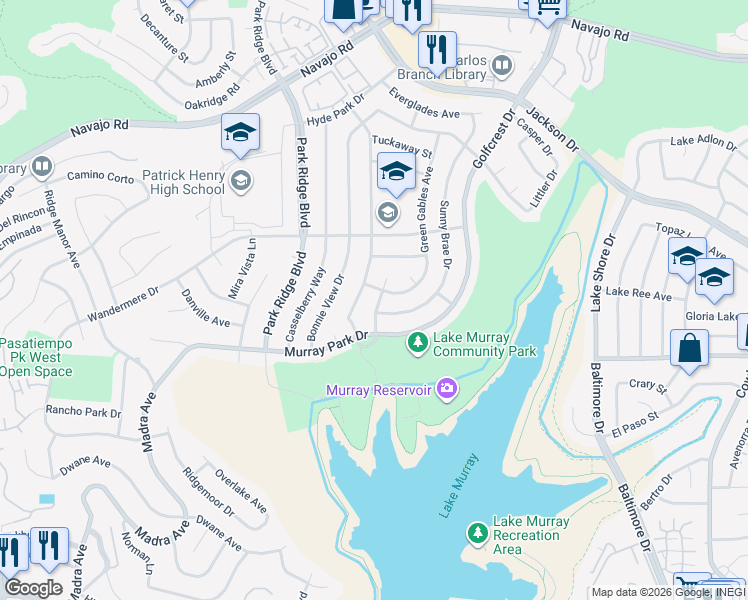 map of restaurants, bars, coffee shops, grocery stores, and more near 6428 Elmcrest Drive in San Diego