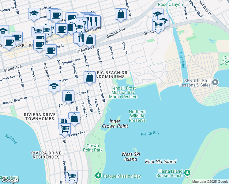 map of restaurants, bars, coffee shops, grocery stores, and more near 3991 Crown Point Drive in San Diego