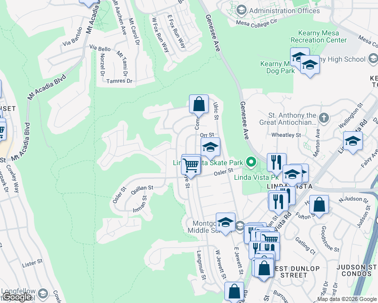map of restaurants, bars, coffee shops, grocery stores, and more near 2857 Comstock Street in San Diego