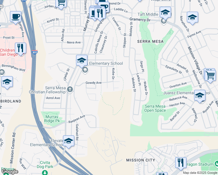 map of restaurants, bars, coffee shops, grocery stores, and more near 2667 Russmar Drive in San Diego