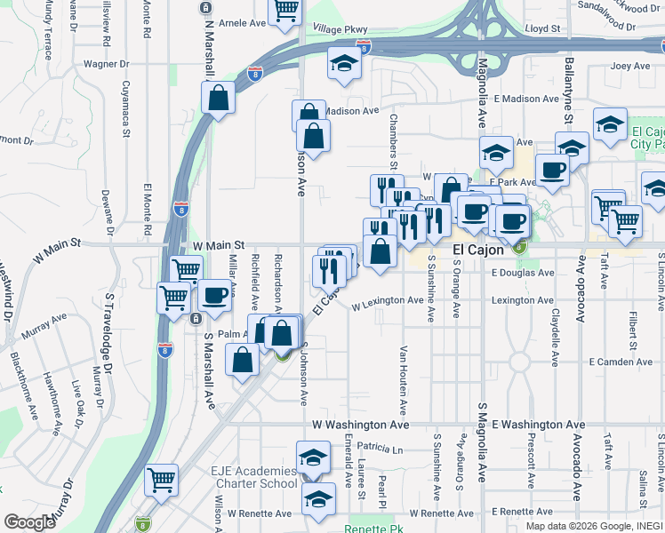 map of restaurants, bars, coffee shops, grocery stores, and more near 521 Limestone Court in El Cajon