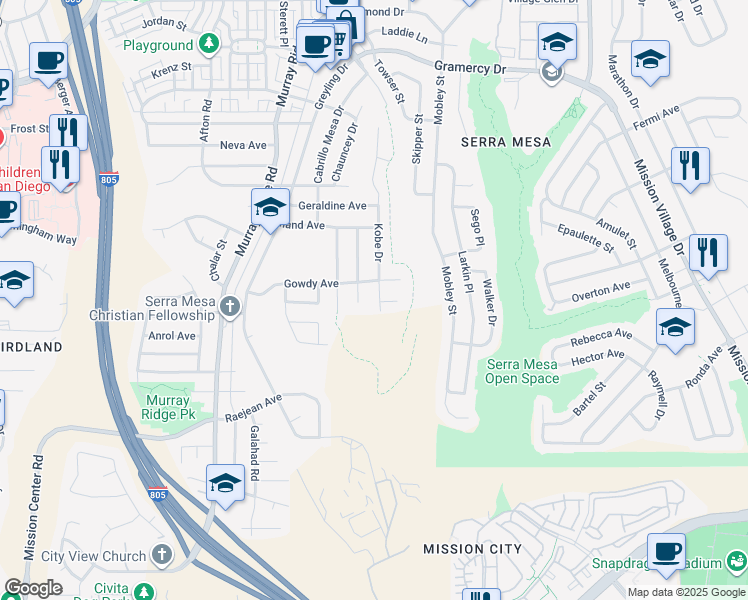 map of restaurants, bars, coffee shops, grocery stores, and more near 2666 Kobe Drive in San Diego