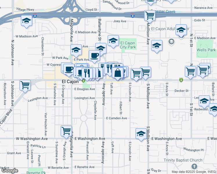 map of restaurants, bars, coffee shops, grocery stores, and more near 445 East Main Street in El Cajon