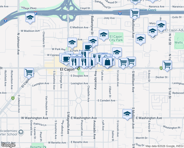 map of restaurants, bars, coffee shops, grocery stores, and more near 327 East Main Street in El Cajon
