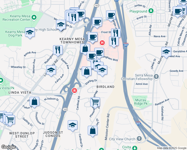 map of restaurants, bars, coffee shops, grocery stores, and more near 2830 Meadow Lark Drive in San Diego