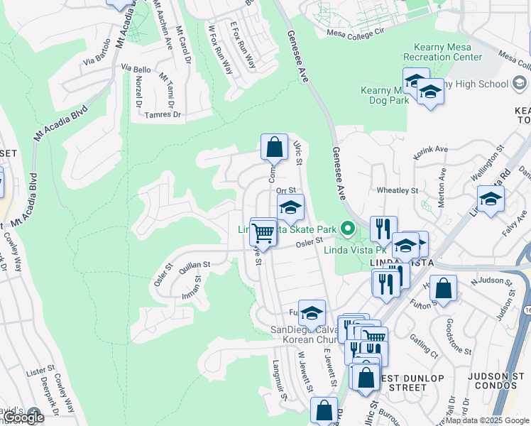 map of restaurants, bars, coffee shops, grocery stores, and more near 2857 Comstock Street in San Diego