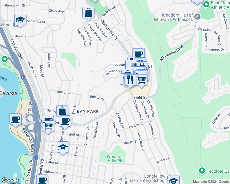 map of restaurants, bars, coffee shops, grocery stores, and more near 3004 Lackawanna Way in San Diego