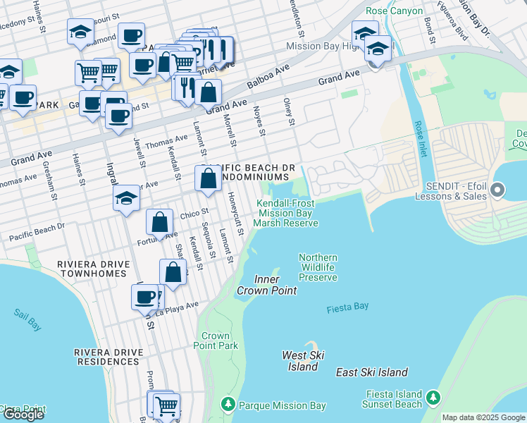 map of restaurants, bars, coffee shops, grocery stores, and more near 4023 Morrell Street in San Diego
