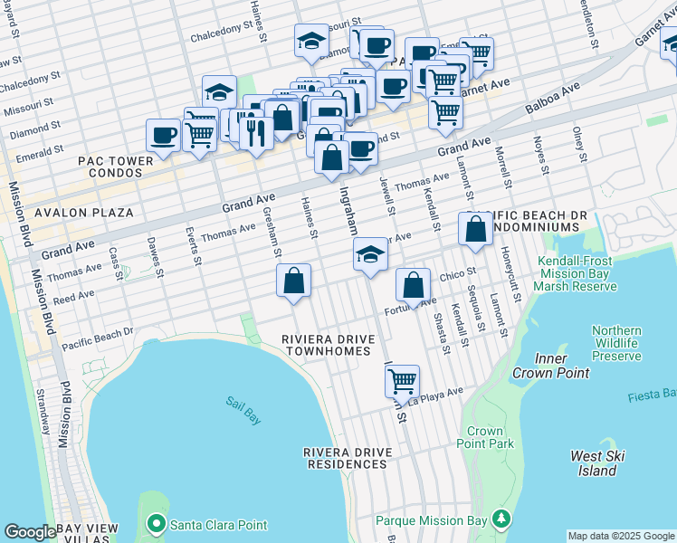 map of restaurants, bars, coffee shops, grocery stores, and more near 1555 Oliver Avenue in San Diego