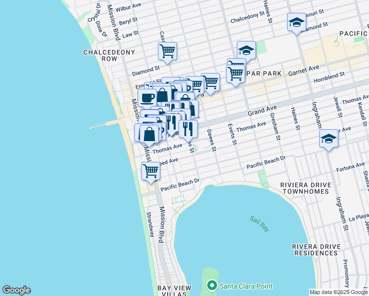 map of restaurants, bars, coffee shops, grocery stores, and more near 930 Thomas Avenue in San Diego