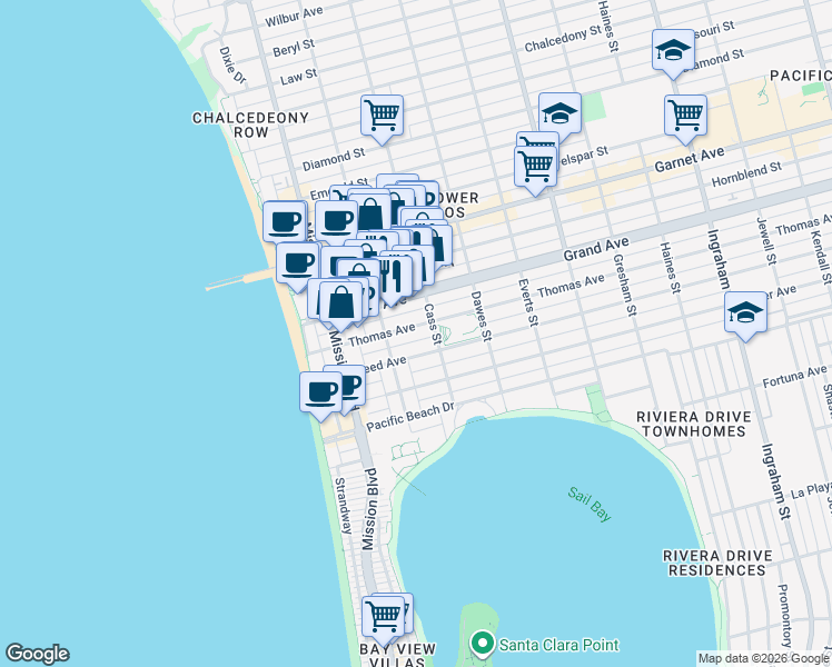 map of restaurants, bars, coffee shops, grocery stores, and more near 930 Thomas Avenue in San Diego