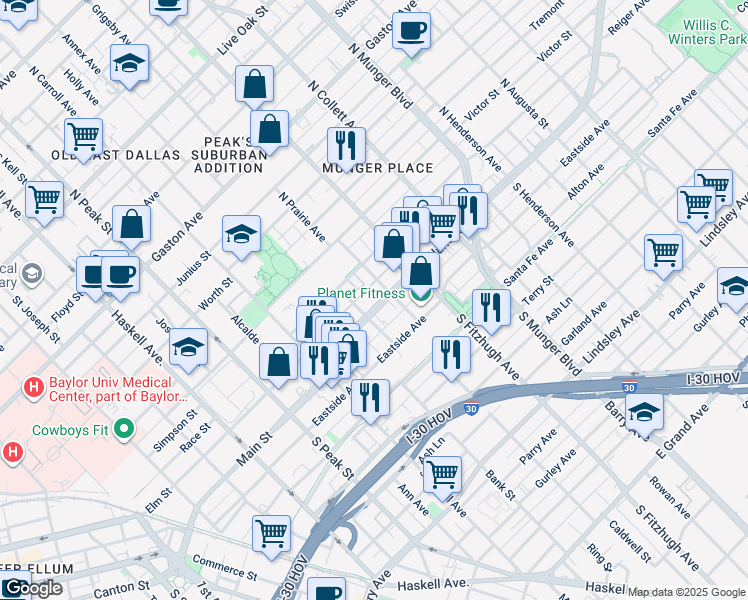 map of restaurants, bars, coffee shops, grocery stores, and more near 4729 Columbia Avenue in Dallas