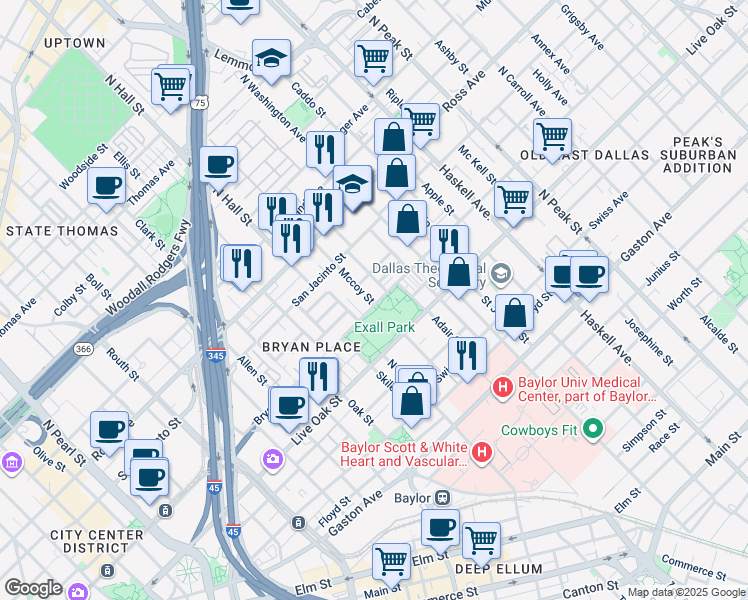 map of restaurants, bars, coffee shops, grocery stores, and more near 1420 Mccoy Street in Dallas