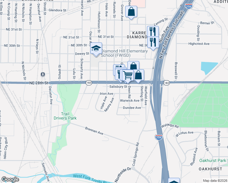 map of restaurants, bars, coffee shops, grocery stores, and more near 2308 Salisbury Street in Fort Worth