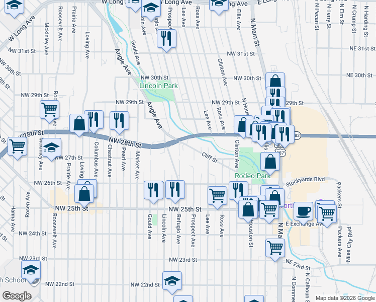 map of restaurants, bars, coffee shops, grocery stores, and more near 725 Cliff Street in Fort Worth