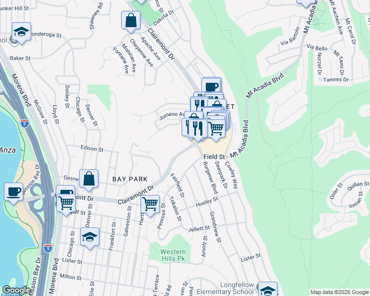 map of restaurants, bars, coffee shops, grocery stores, and more near 2980 Clairemont Drive in San Diego