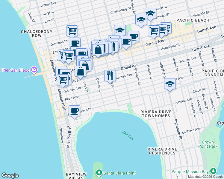 map of restaurants, bars, coffee shops, grocery stores, and more near 1177 Reed Avenue in San Diego