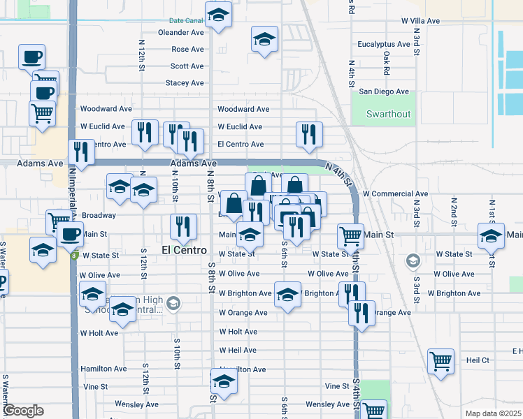 map of restaurants, bars, coffee shops, grocery stores, and more near 660 Broadway in El Centro
