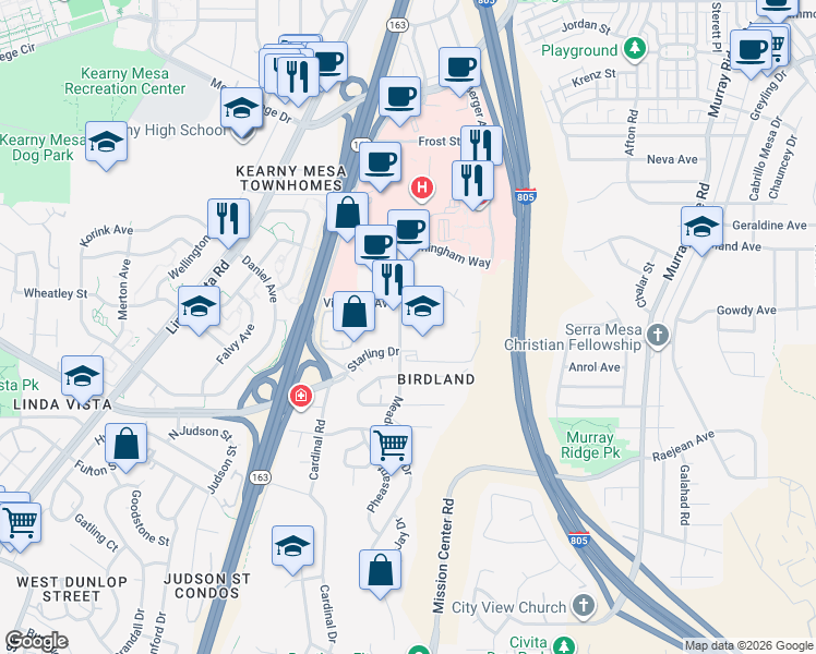 map of restaurants, bars, coffee shops, grocery stores, and more near 2801 Meadow Lark Drive in San Diego