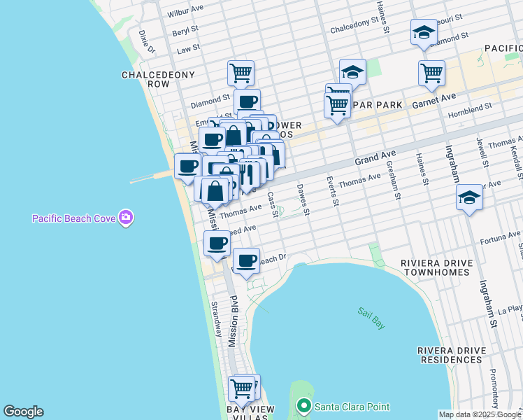 map of restaurants, bars, coffee shops, grocery stores, and more near 930 Thomas Avenue in San Diego