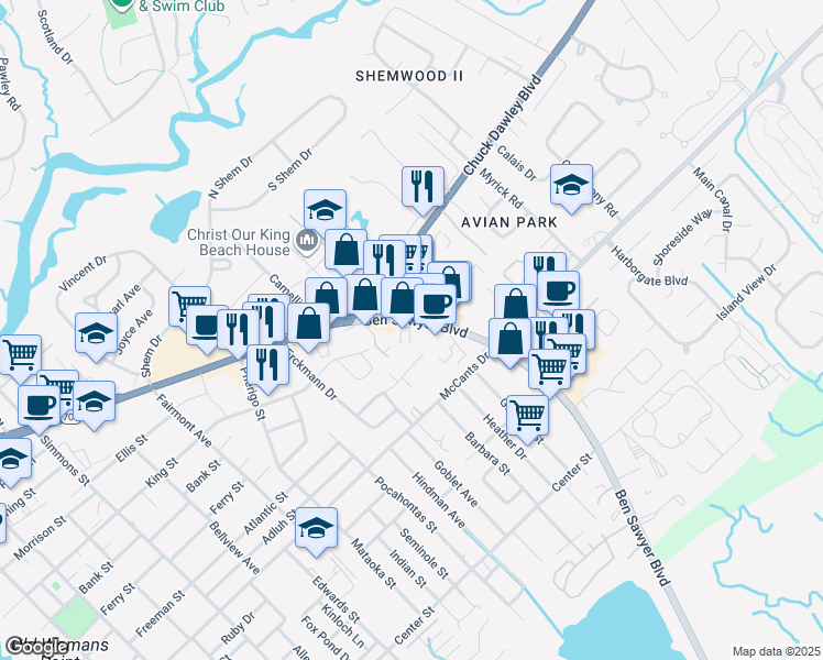 map of restaurants, bars, coffee shops, grocery stores, and more near 1220 Ben Sawyer Boulevard in Mount Pleasant