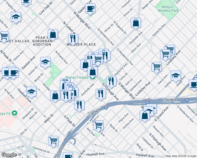 map of restaurants, bars, coffee shops, grocery stores, and more near S Fitzhugh Ave & East Side Ave in Dallas