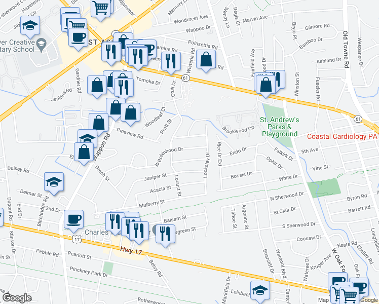map of restaurants, bars, coffee shops, grocery stores, and more near 1528 West Robinhood Drive in Charleston