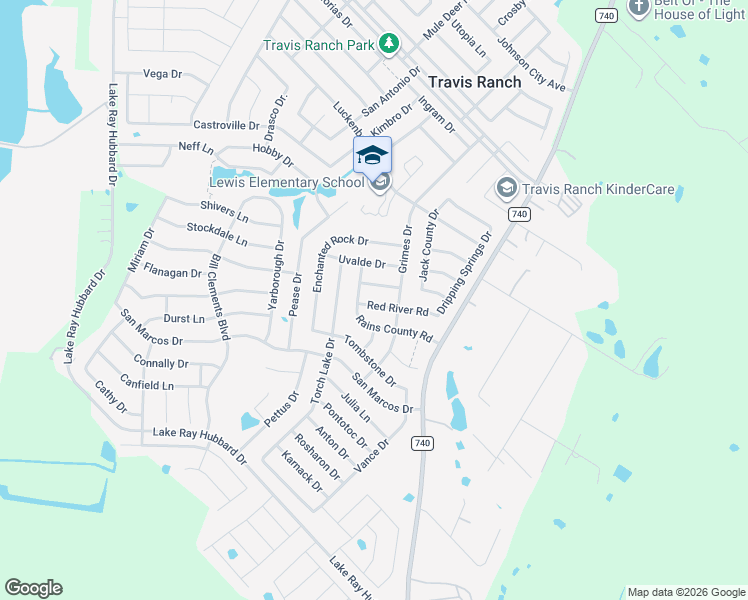 map of restaurants, bars, coffee shops, grocery stores, and more near 2110 Red River Road in Forney